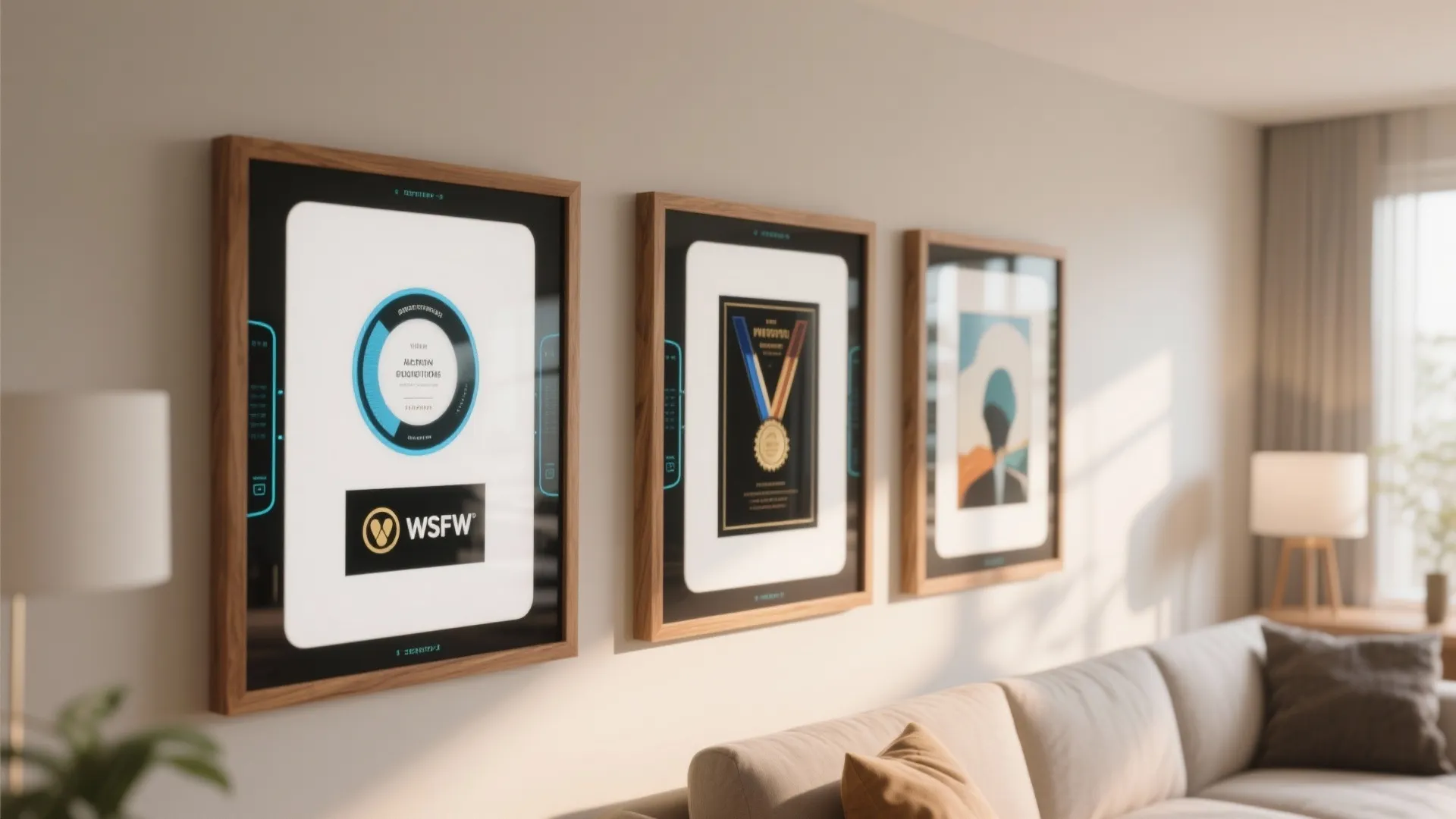 Three wooden picture frames hanging on a wall above a sofa in a bright room