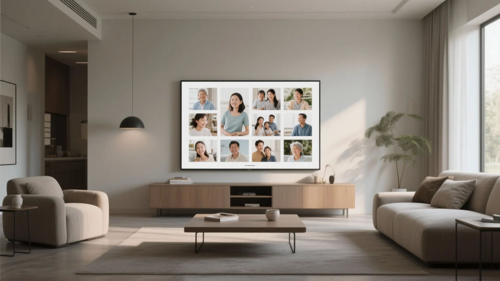 Modern living room with family photos on TV screen wooden cabinet beige sofa and natural light