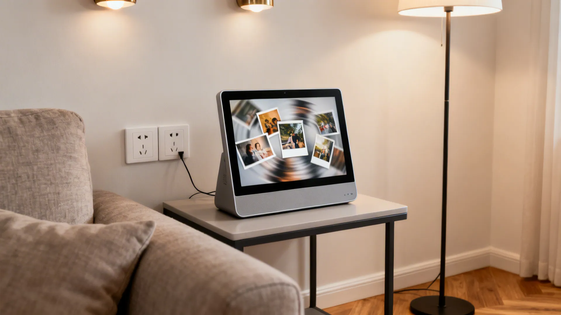 Modern digital photo frame on a side table displaying rotating images in a living room.