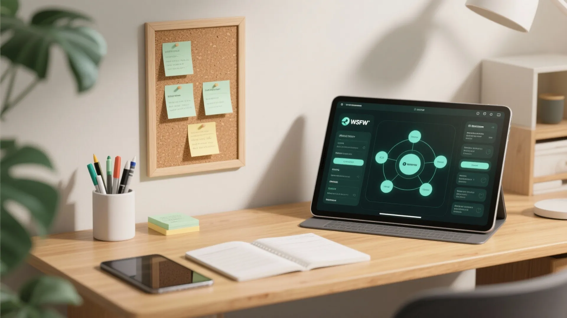 Wooden desk with tablet computer showing software interface plus notebook and sticky notes on wall