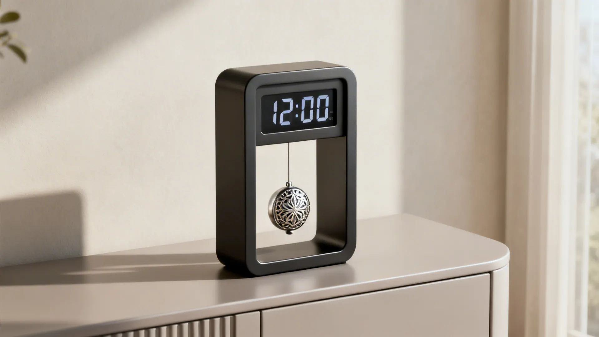 Modern black digital clock with silver pendulum sitting on beige cabinet in soft natural sunlight