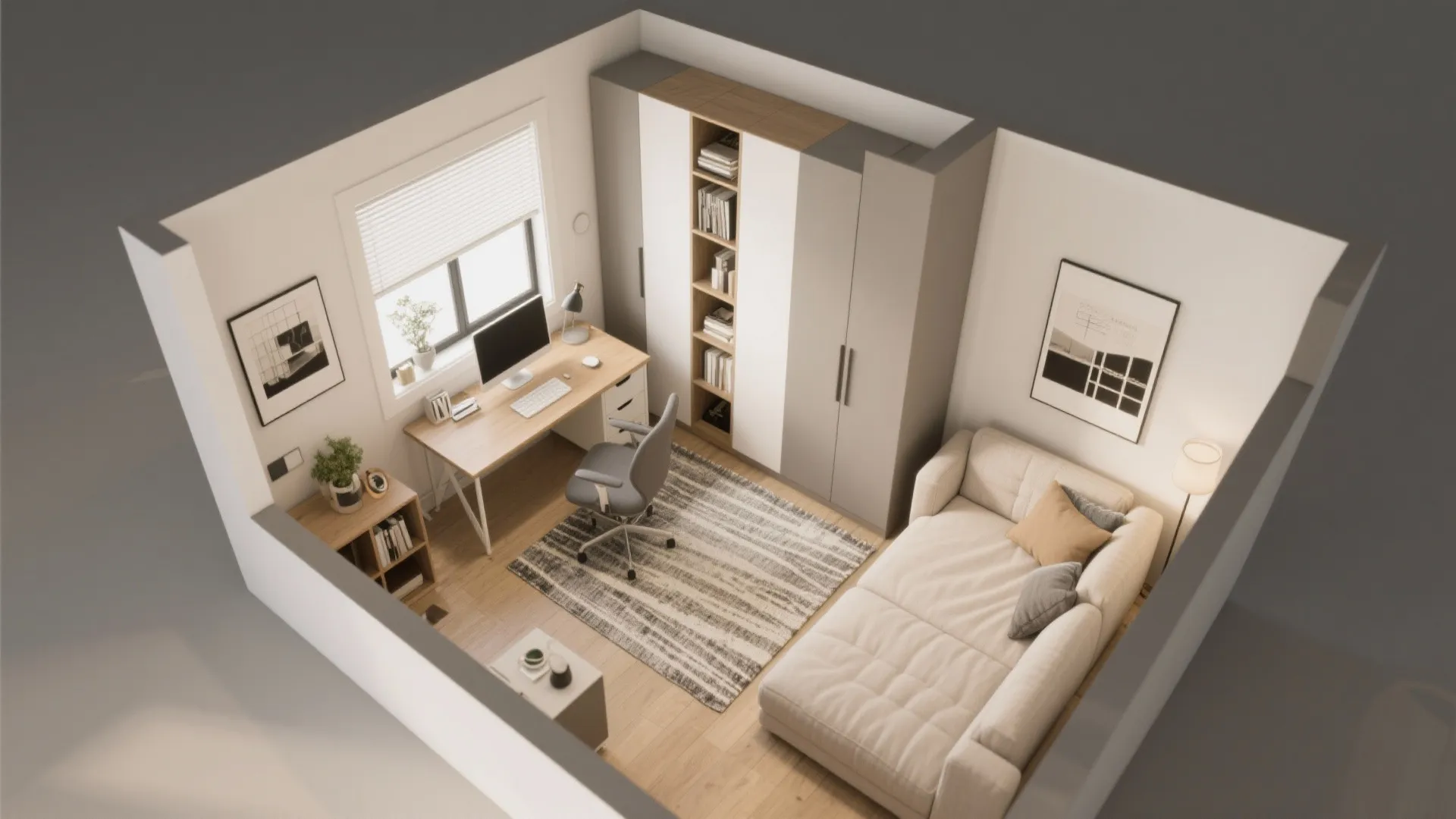 Top-down view of home office with sleeper sofa in floor plan