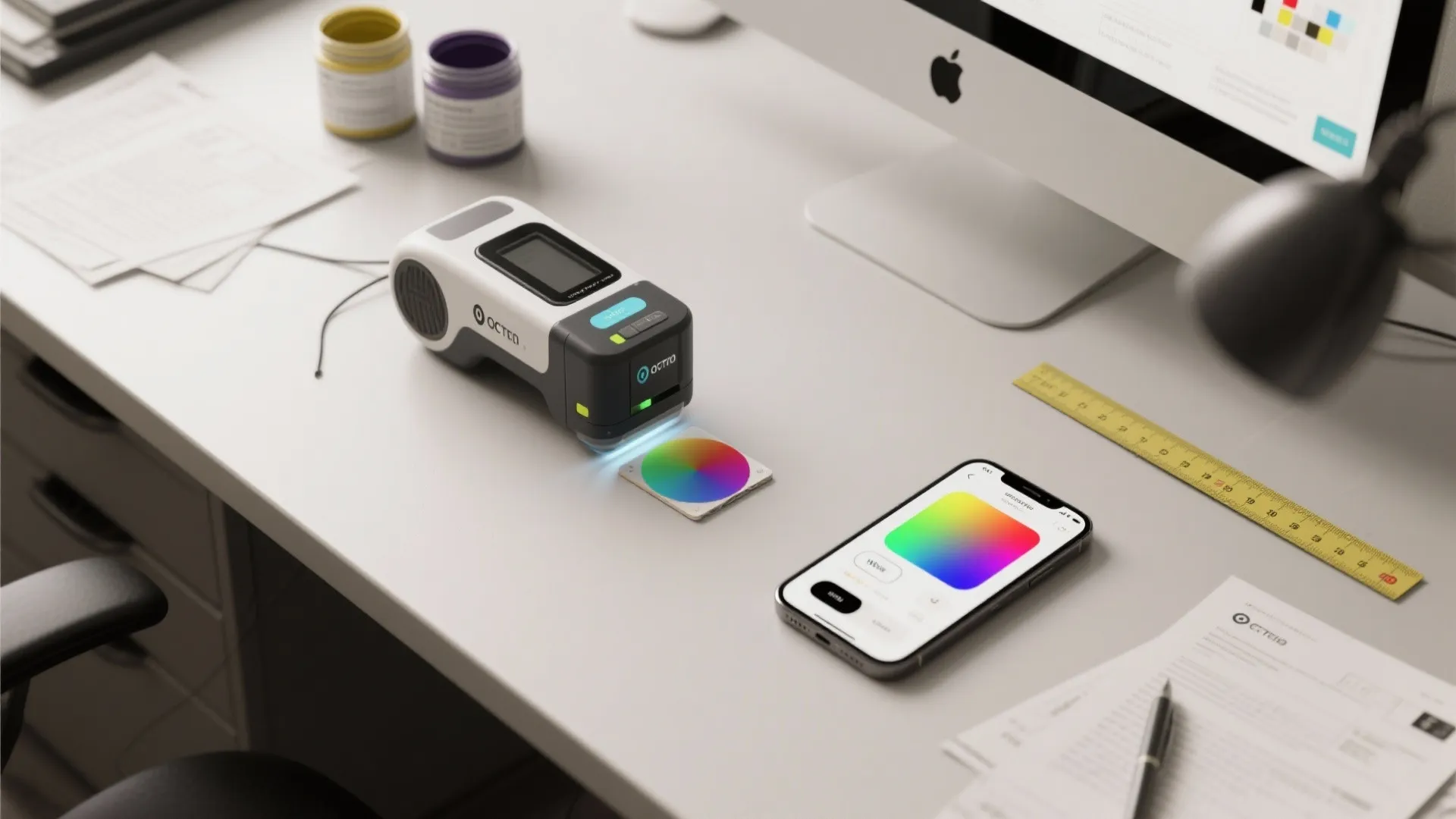 Digital color scanner scanning a colorful card on white desk near smartphone and computer monitor