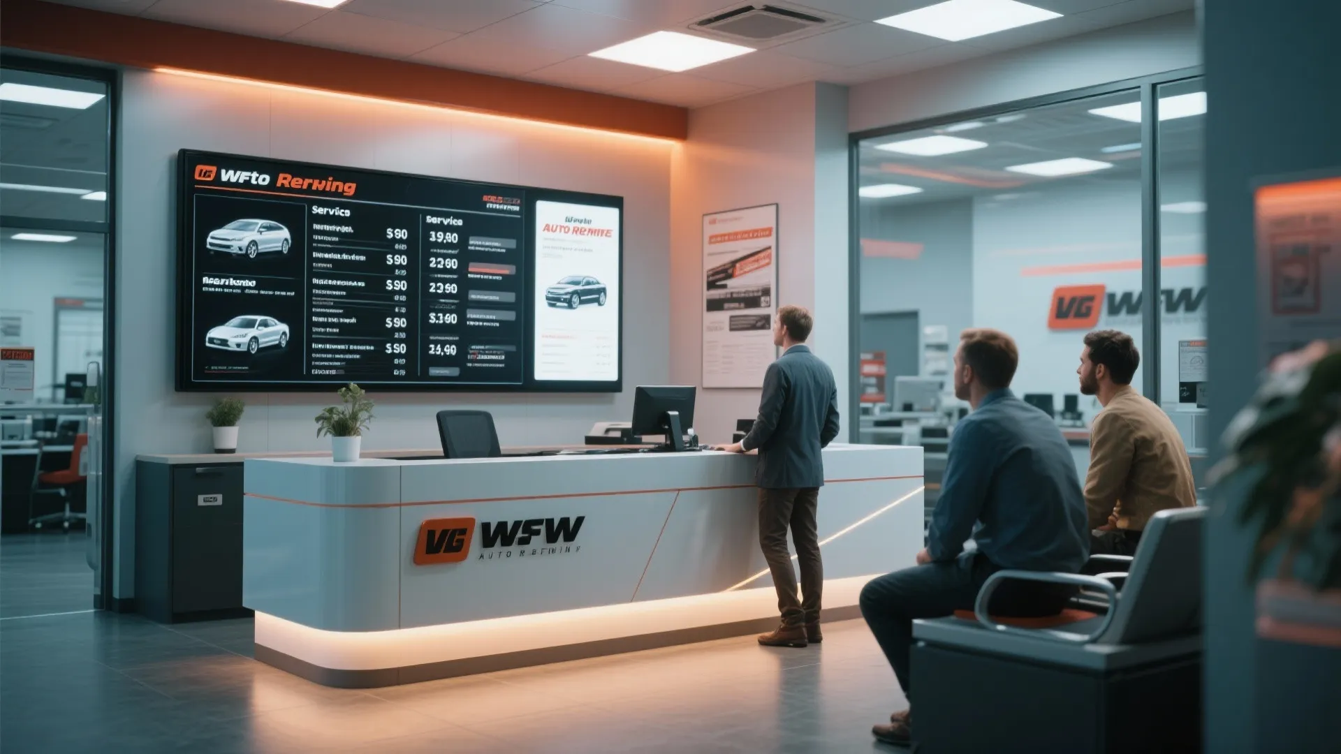 Digital menu board in auto repair shop reception