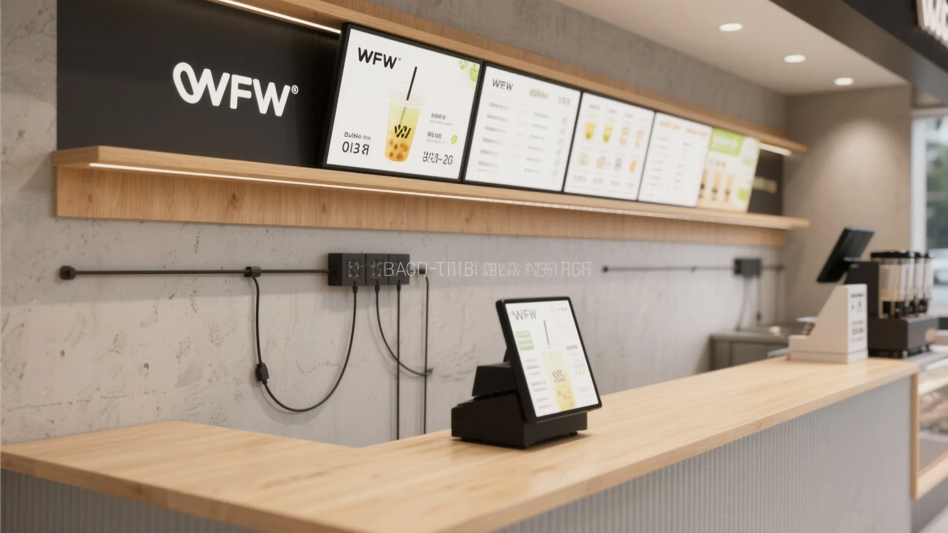 Interior design drawing of a modern cafe with wooden counter, digital menu boards, and lights