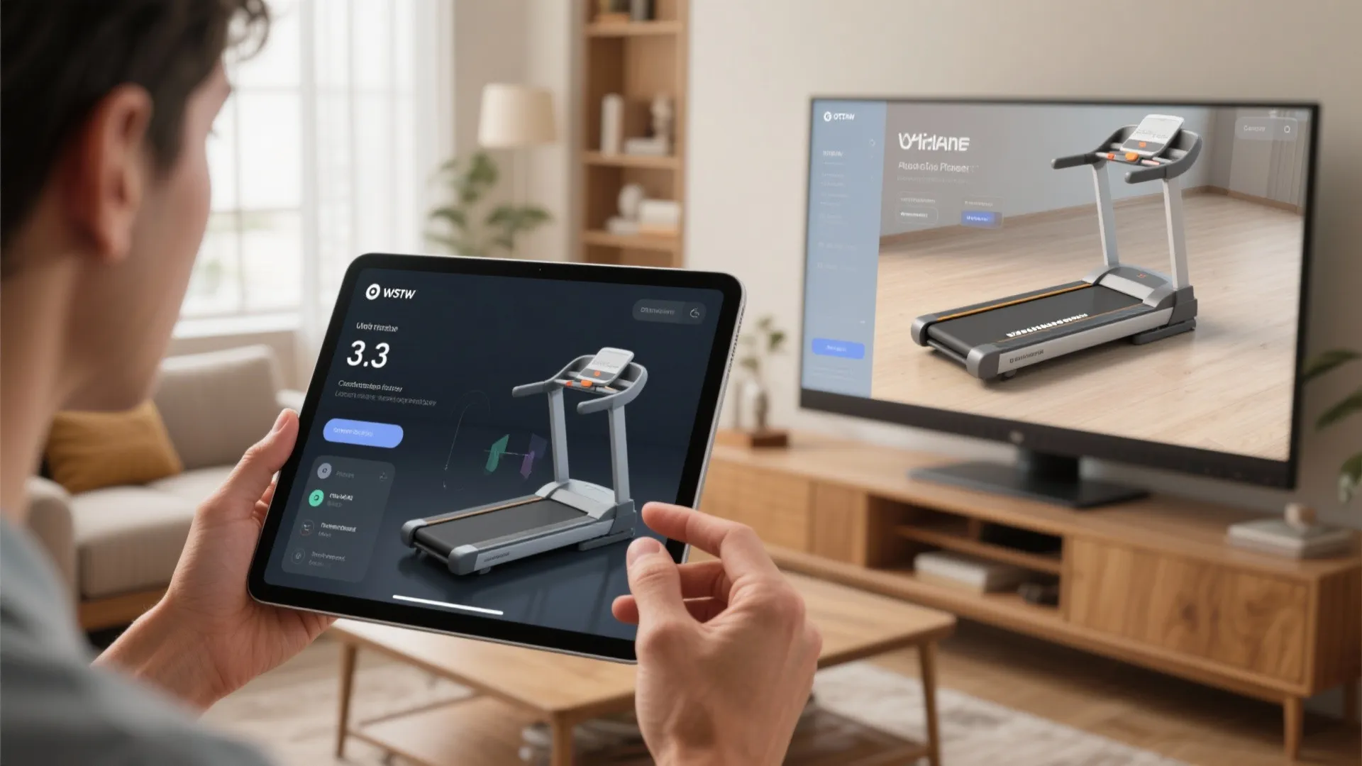 Tablet and monitor showing a 3D room mockup with a treadmill to test fit before purchase.