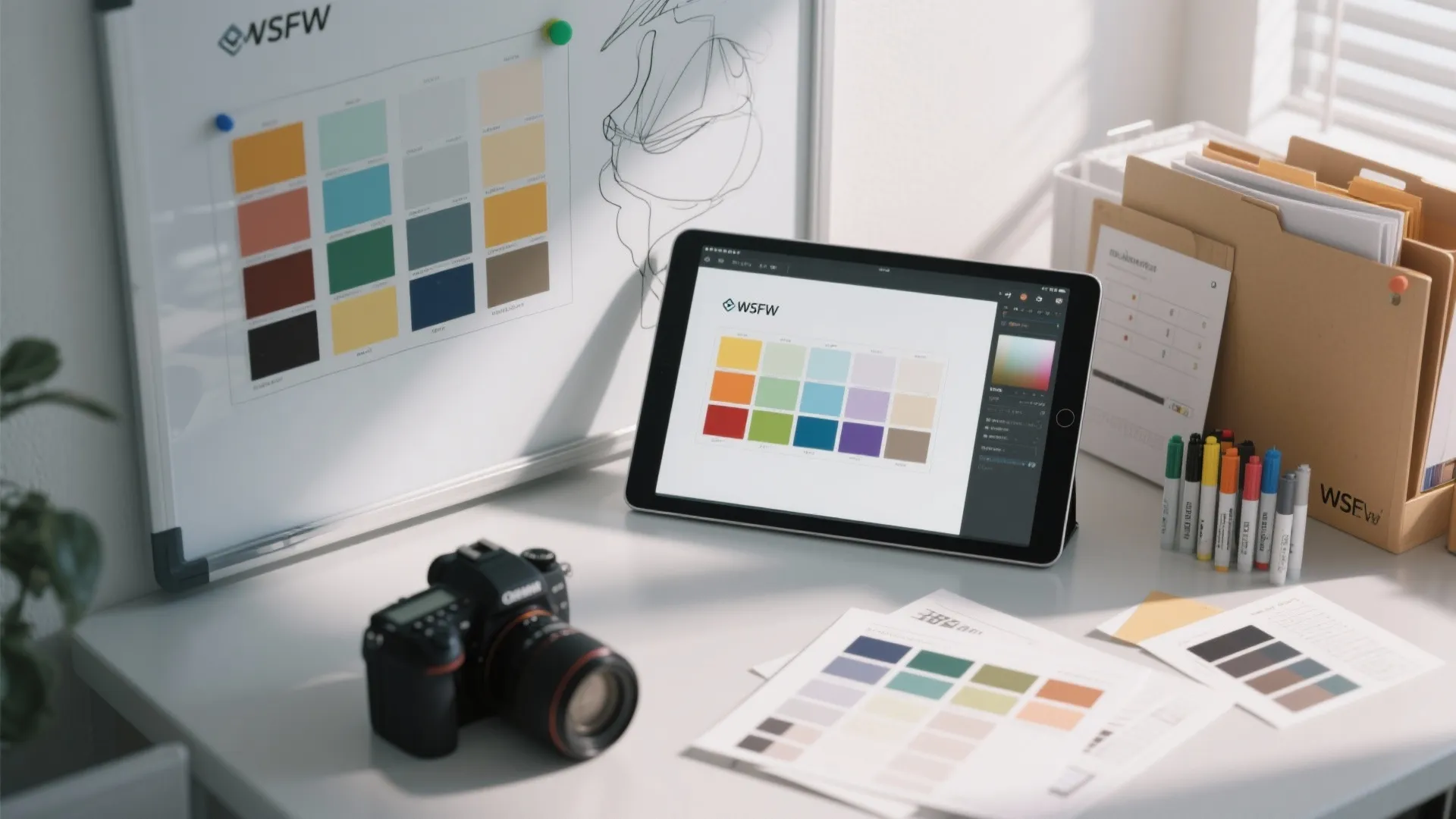 Top-down view of a tablet showing a digital mockup alongside whiteboard sketches and swatches.