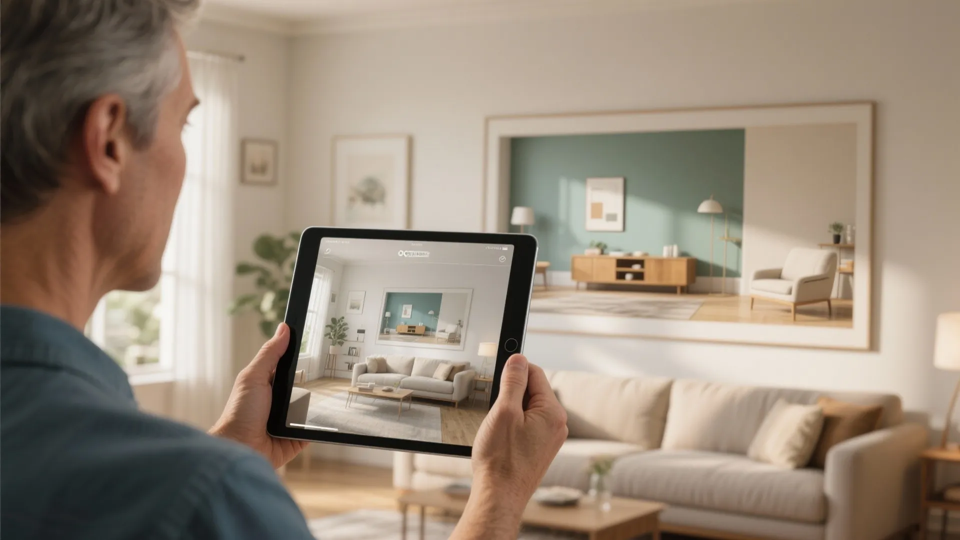 Man holding tablet showing digital room design over actual living room with sofa and wooden floor