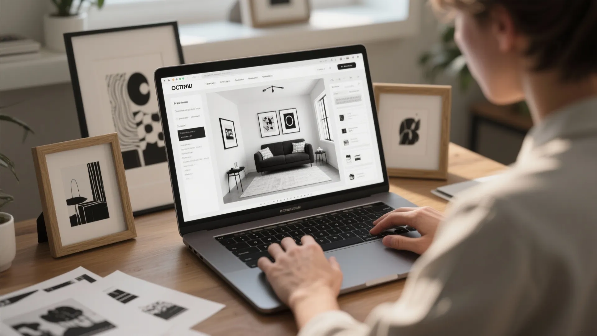Designer using an online room planner to mock up black-and-white art arrangements with printed samples on the desk