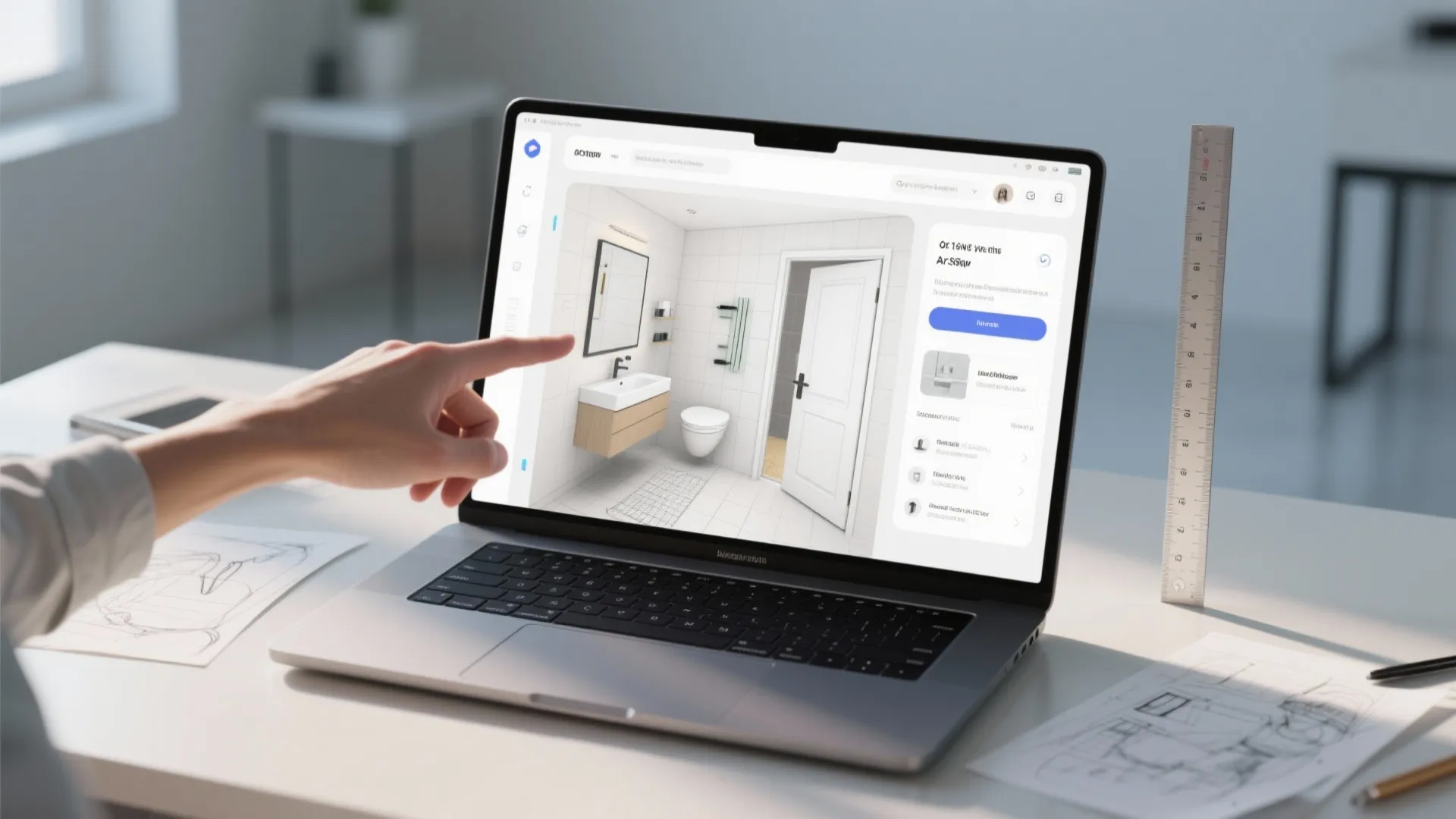Person pointing at a laptop screen showing a modern bathroom interior design drawing on desk