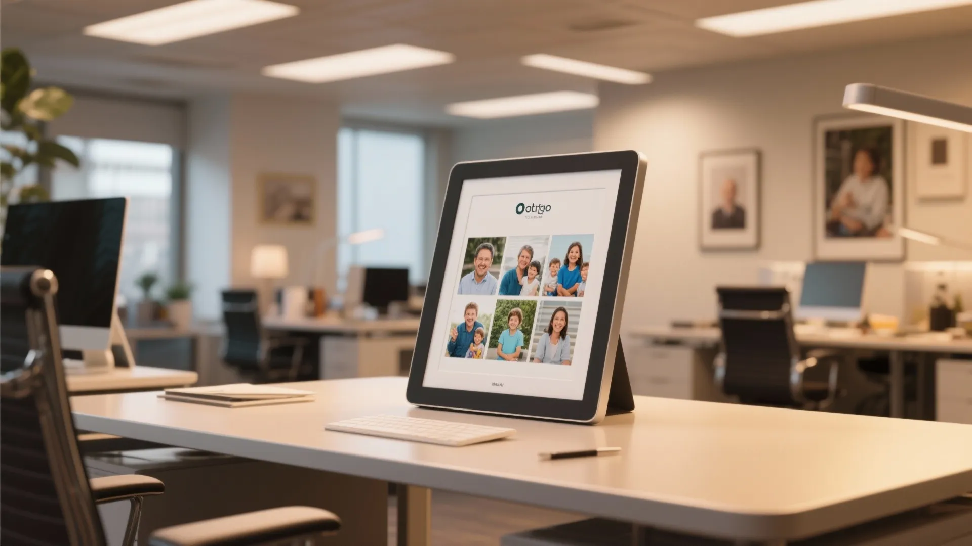 Digital picture frame displaying family photos sitting on office desk with keyboard and light fixture
