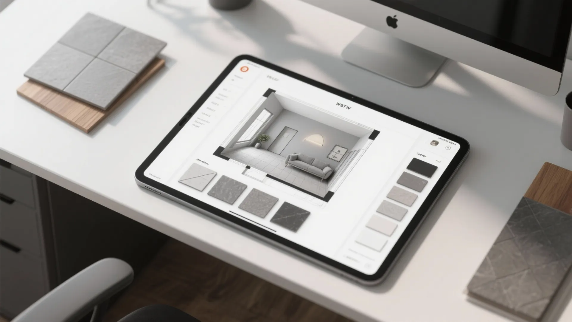 Tablet showing interior design drawing with grey sofa on white desk with stone floor samples