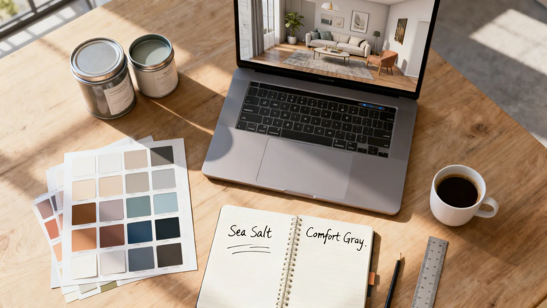 Top-down view of a 3D room mockup on laptop with paint swatches and sample pots for planning colors.