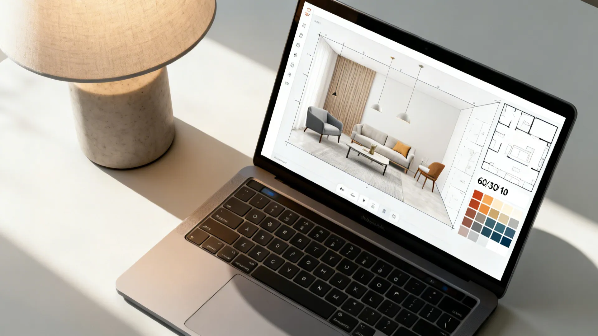 Top-down scene of a digital room planner on a laptop with colour swatches and a lamp, demonstrating layout testing.