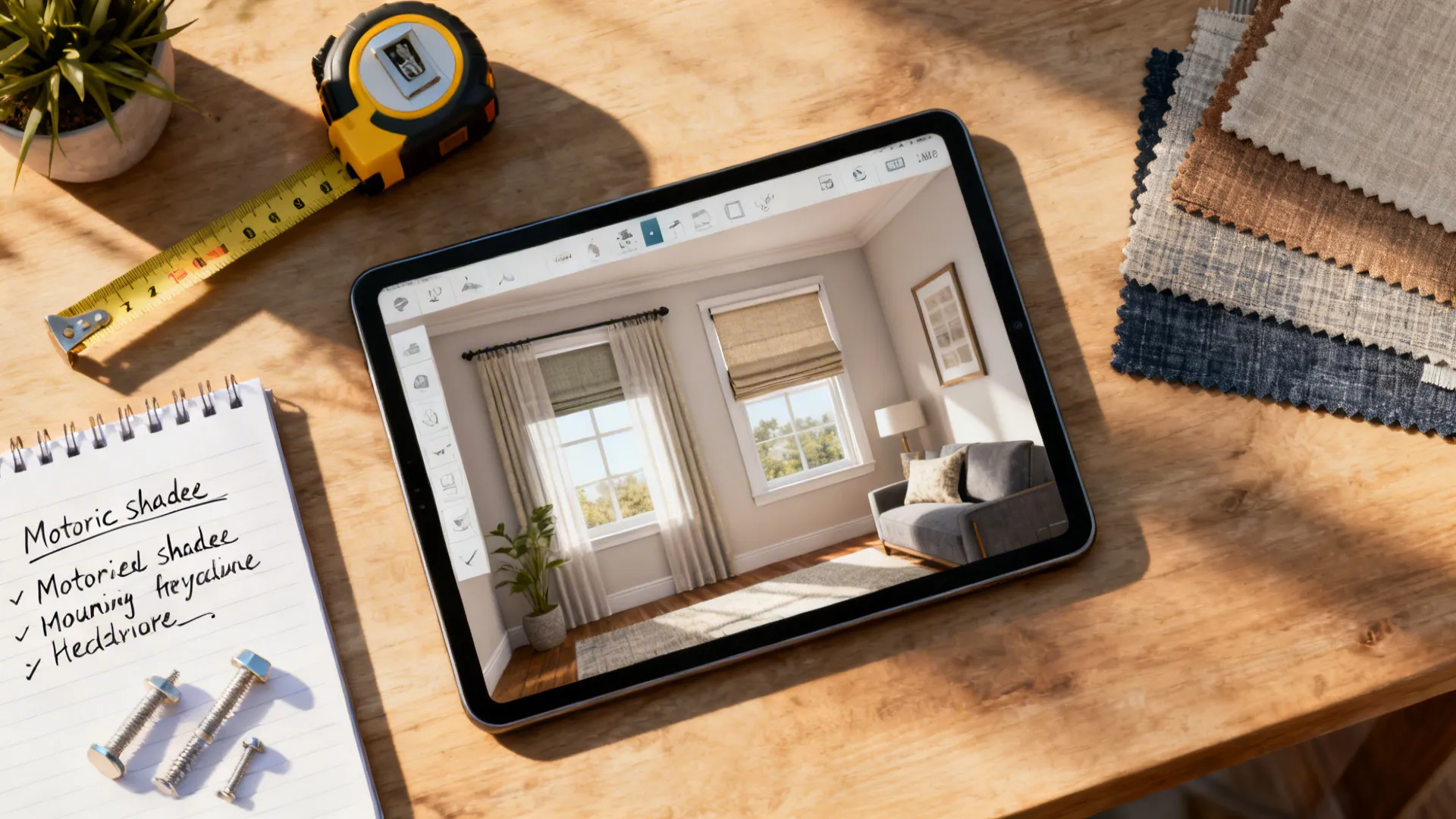 Top-down view of a tablet with a 3D planner and fabric samples for window treatments