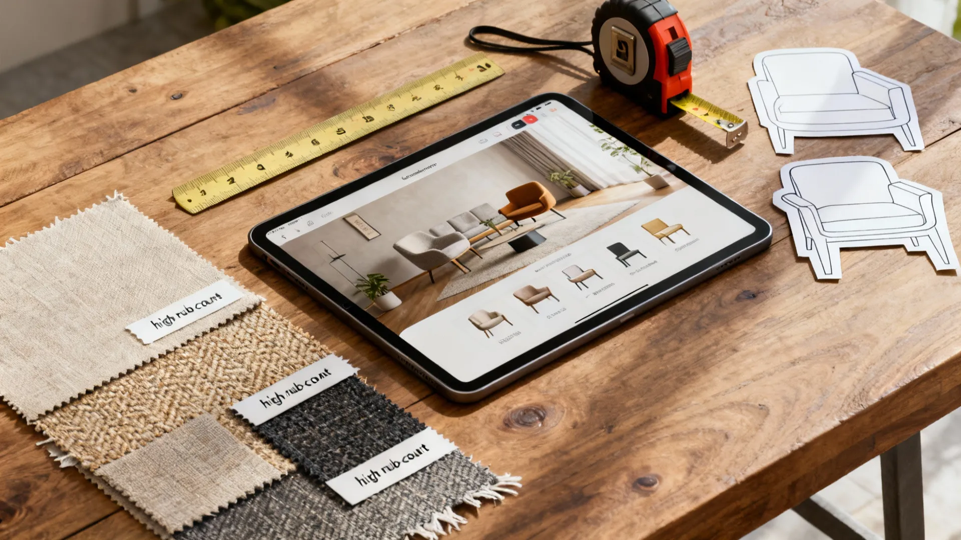 Tablet with room-planning app, fabric swatches, tape measure and paper cutouts for seating planning