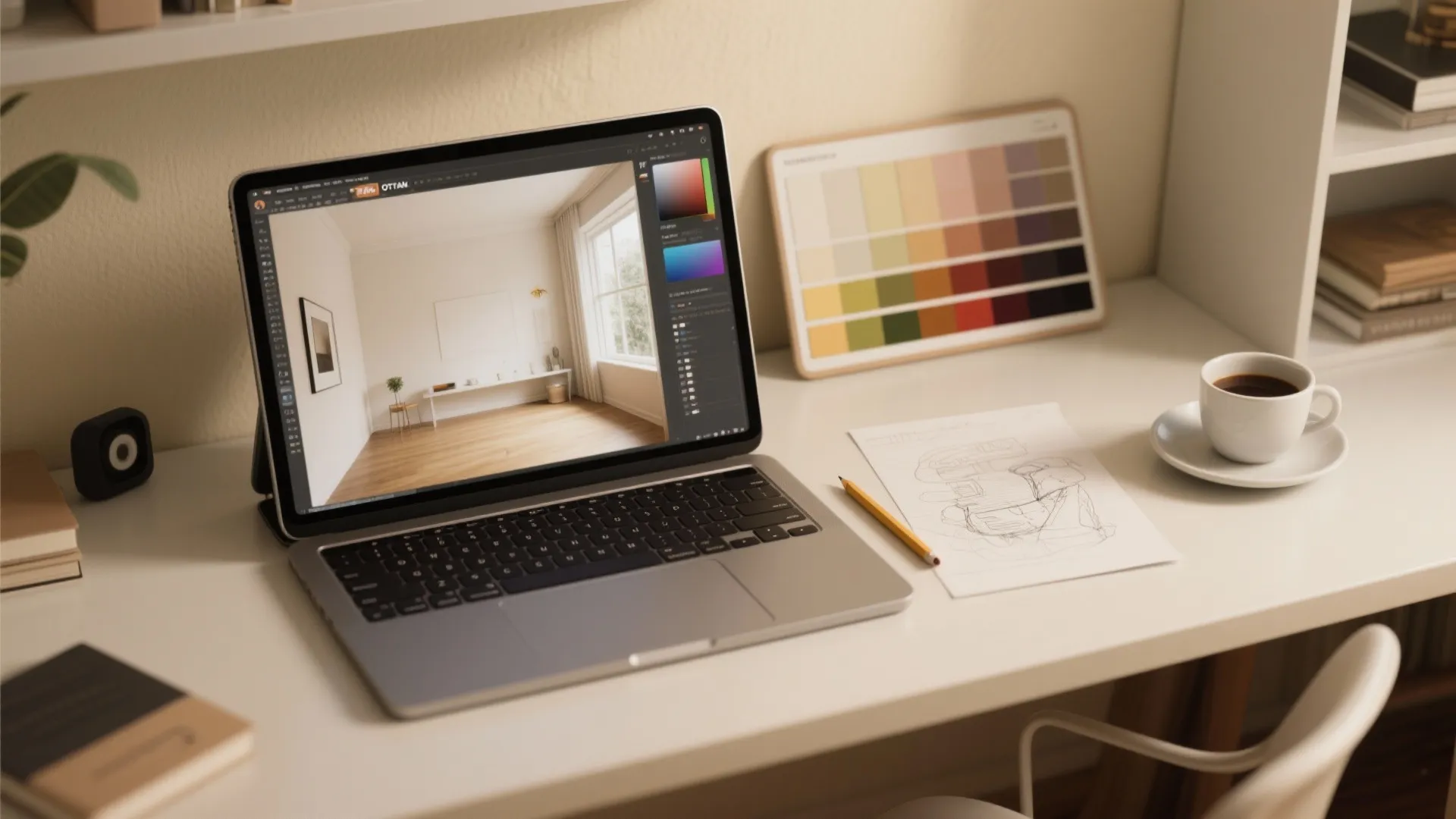 Designer desk with tablet showing 3D render of cream-walled room and color swatches