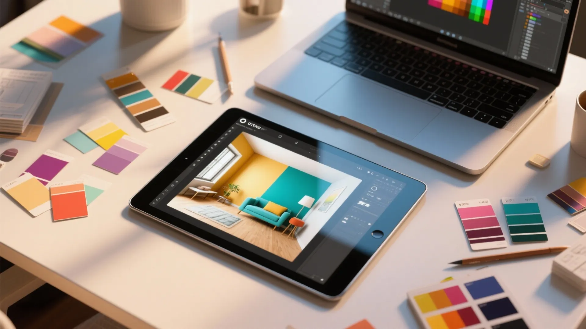 Interior design drawing on tablet screen with laptop and colorful paper swatches on white desk