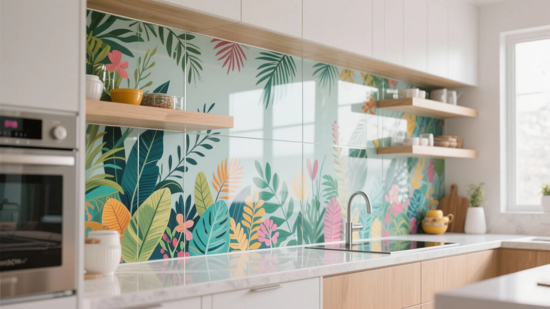 Kitchen with colorful tropical leaf pattern wall tiles white cabinets wooden shelves and marble counter