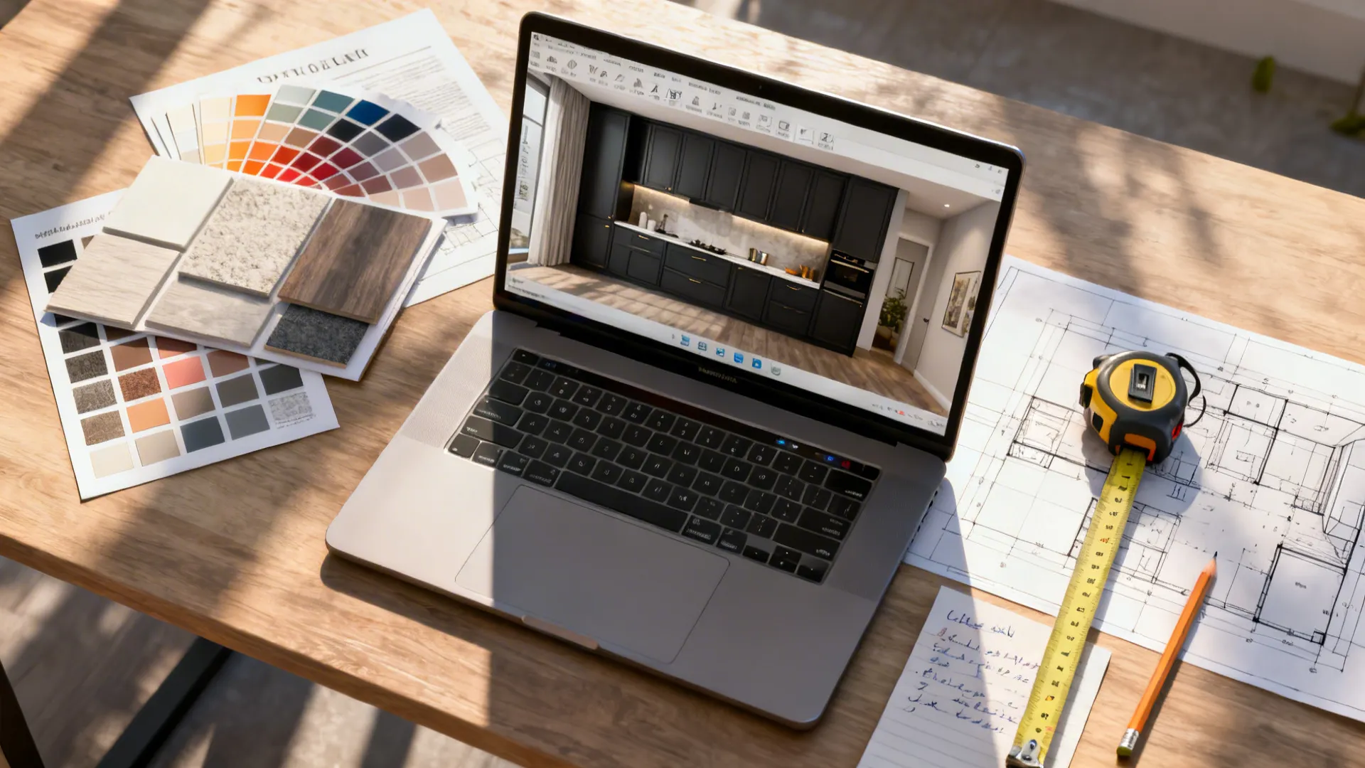Top-down view of a planning desk with a 3D room planner and material samples for a dark-cabinet kitchen