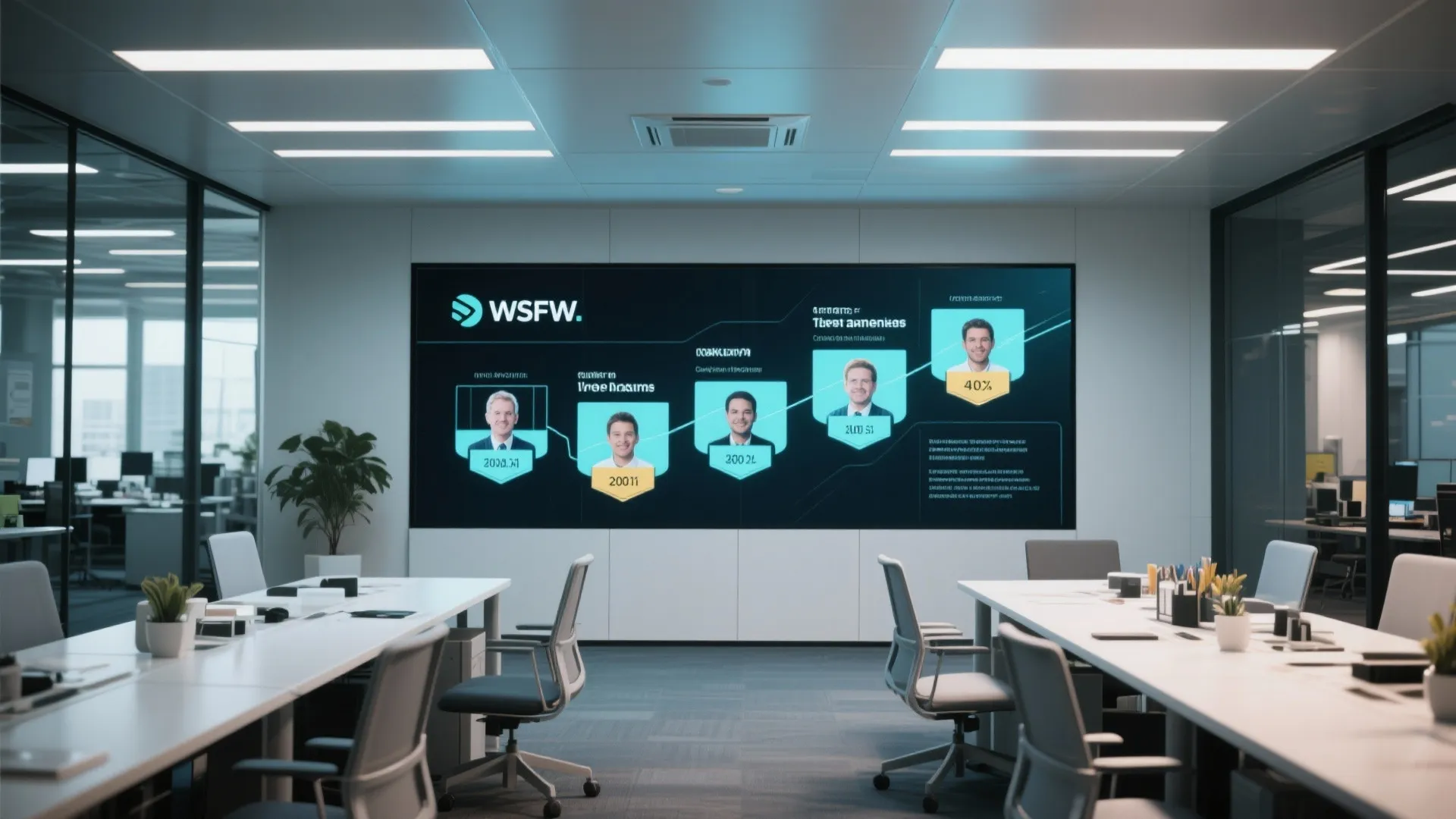Bright conference room with large digital screen displaying a company leadership chart and team photos