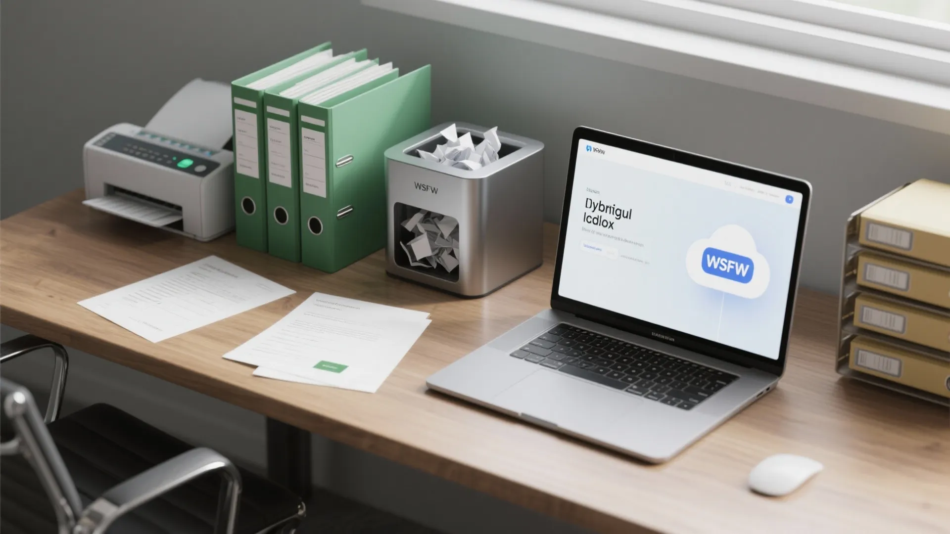 Modern home office desk with laptop computer green folders paper shredder printer and document papers