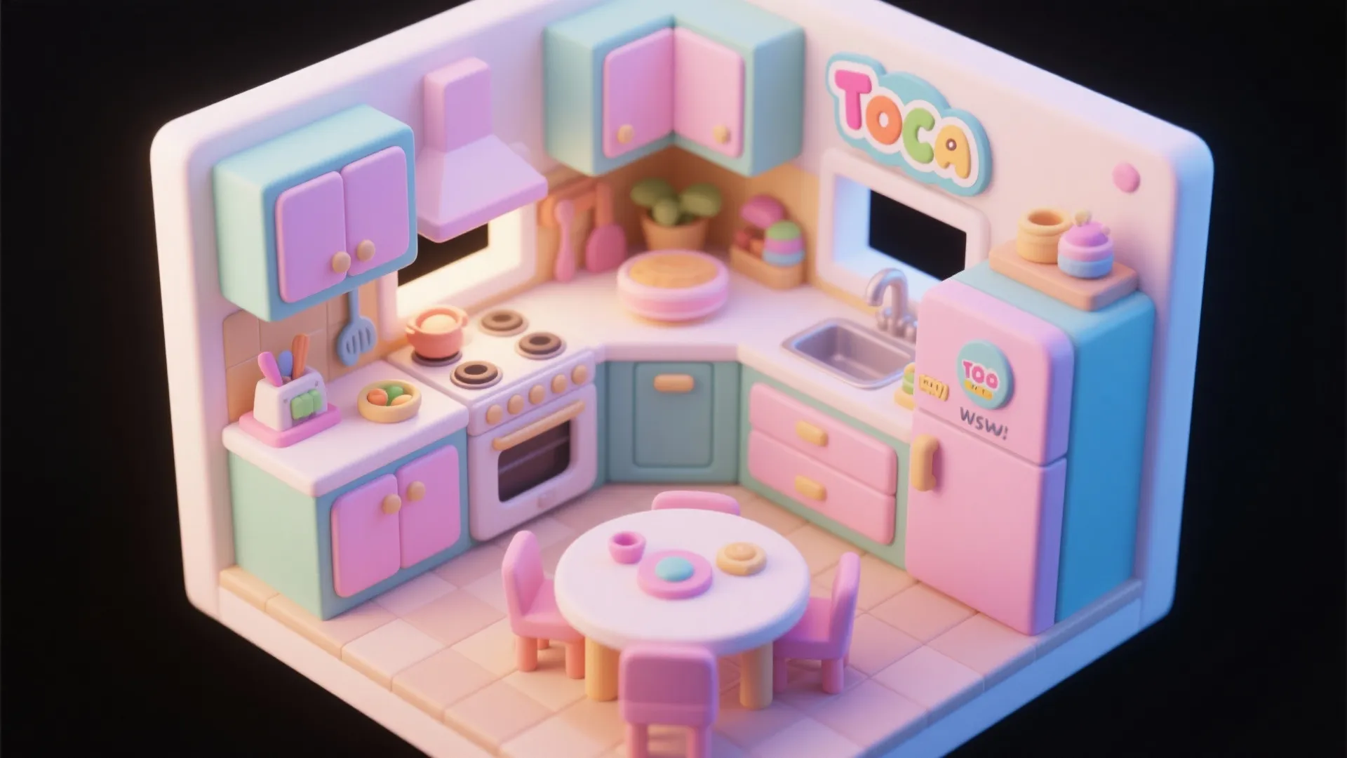 Top-down digital kitchen model in playful pastel style