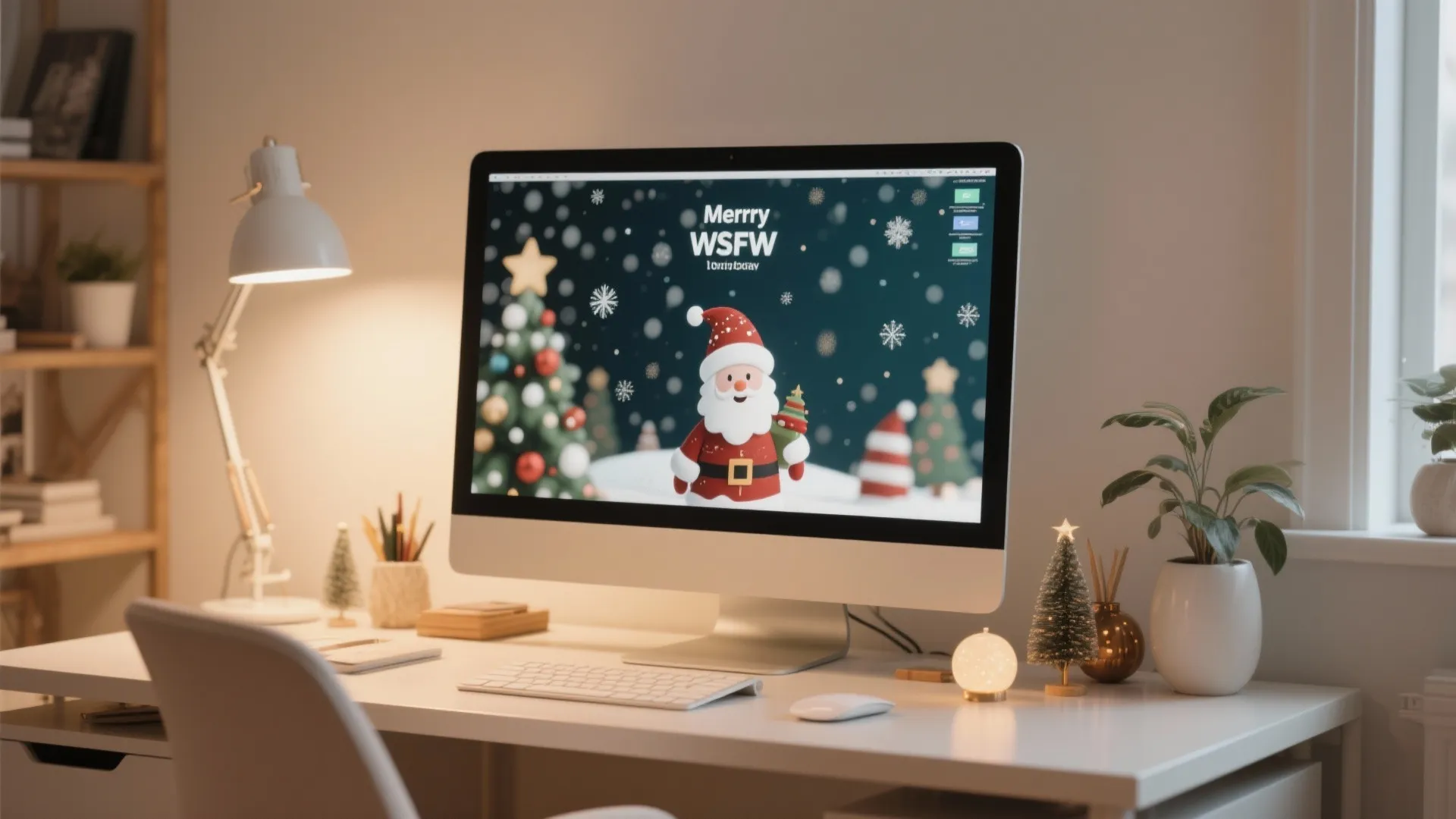 Modern white desk with computer showing Christmas wallpaper plus small tree and table lamp light