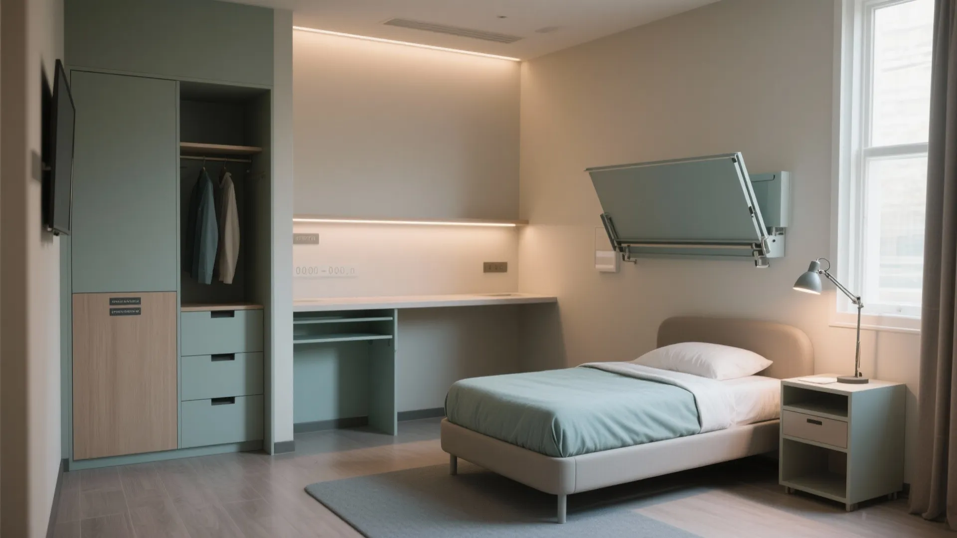 Compact modern bedroom featuring sage green wardrobe desk single bed wall lamp and light wood flooring