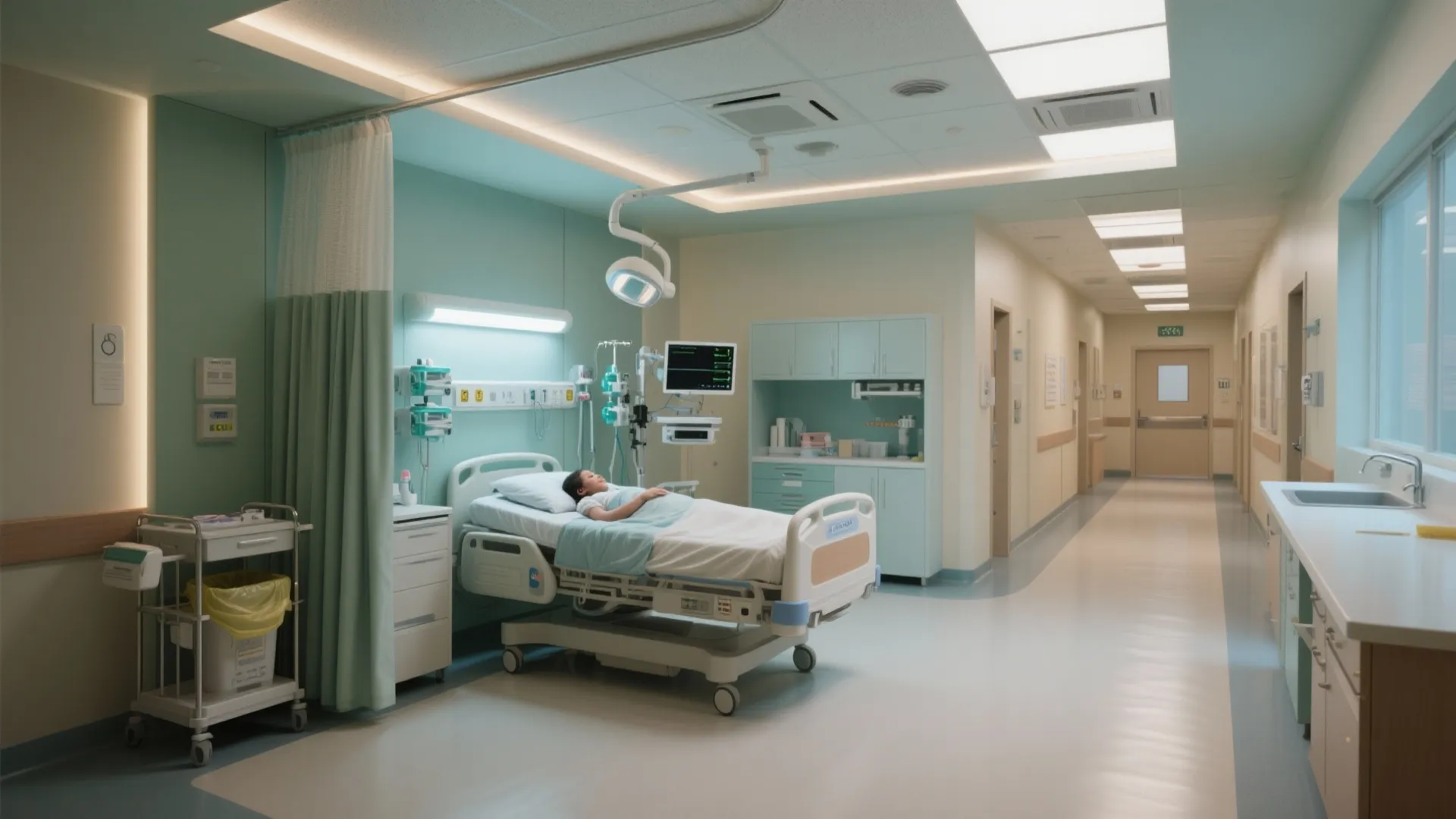Modern hospital delivery room with medical equipment bed green wall curtain cabinets and bright hallway view