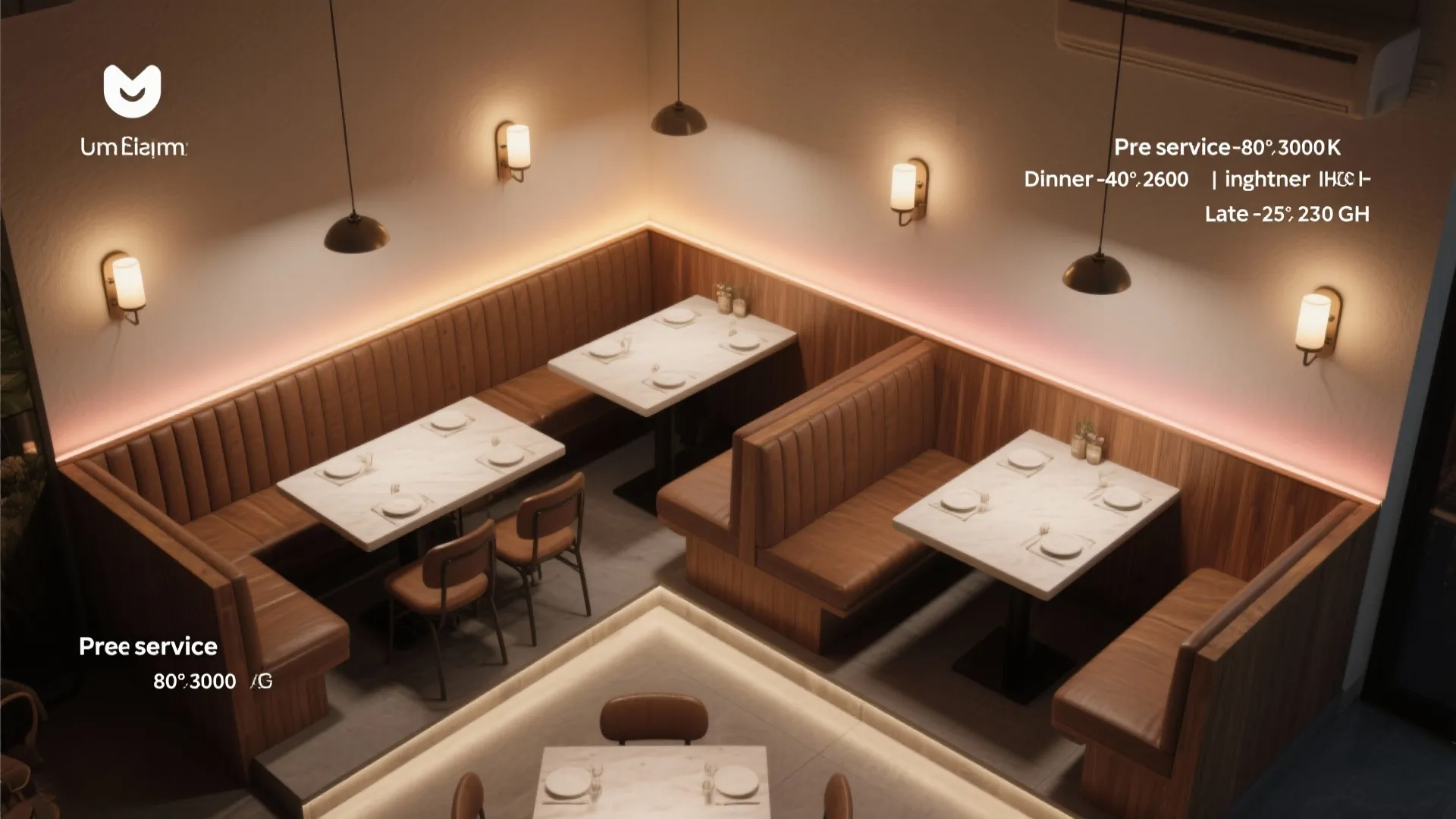 Dim-to-warm sconces near banquettes