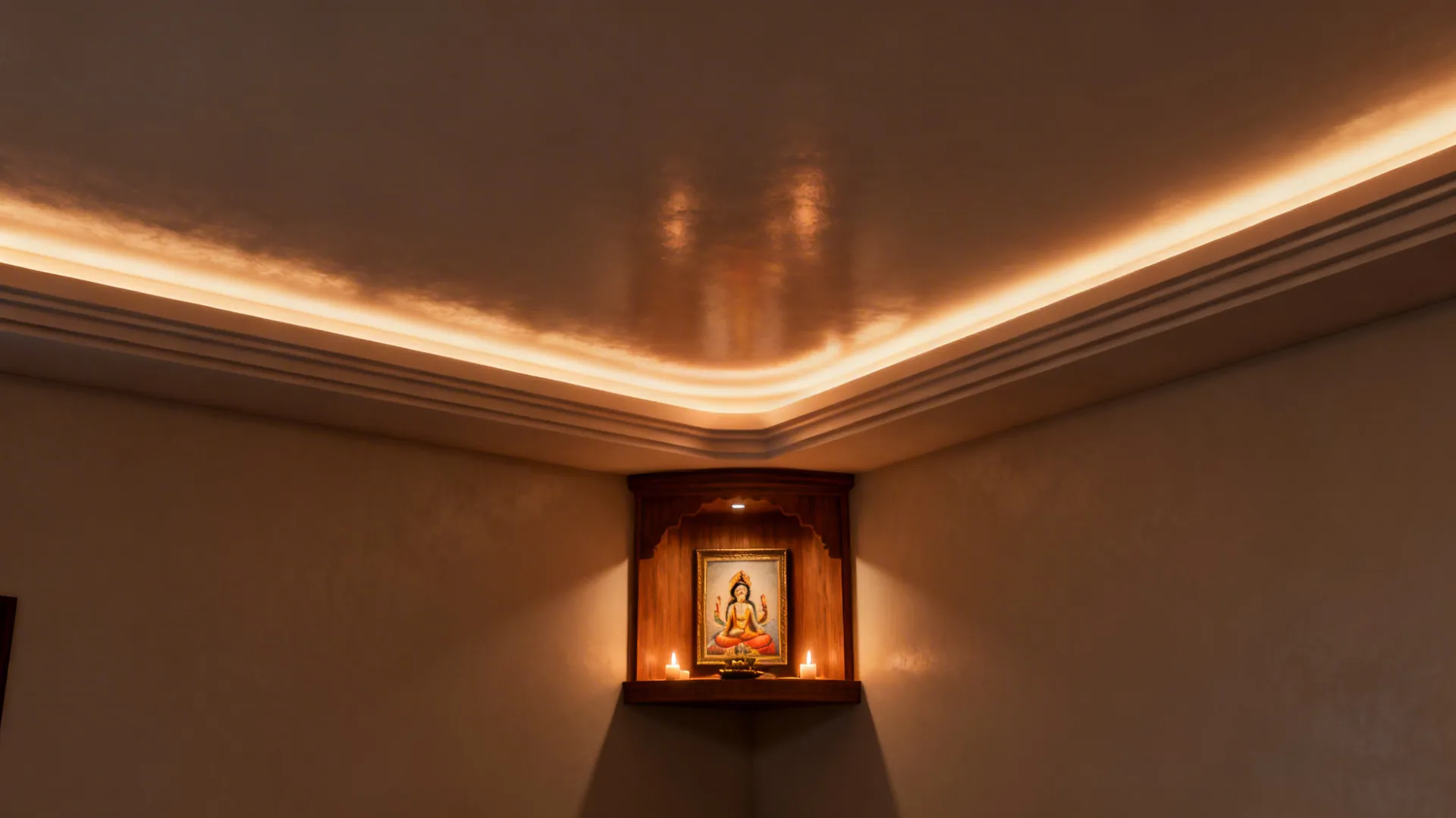 Recessed ceiling cove casting a warm dim-to-warm halo around a small pooja niche.