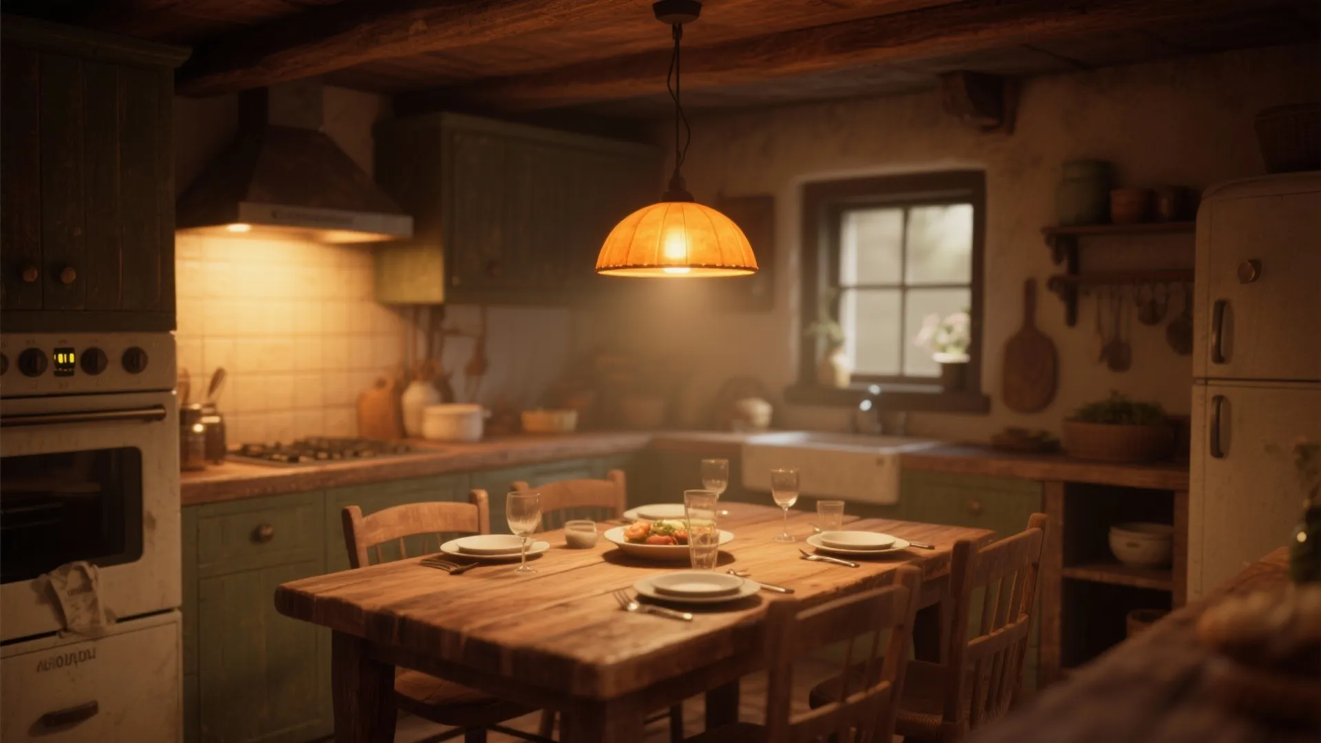 Rustic kitchen with wooden dining table, orange ceiling light, green cabinets, and warm atmospheric lighting