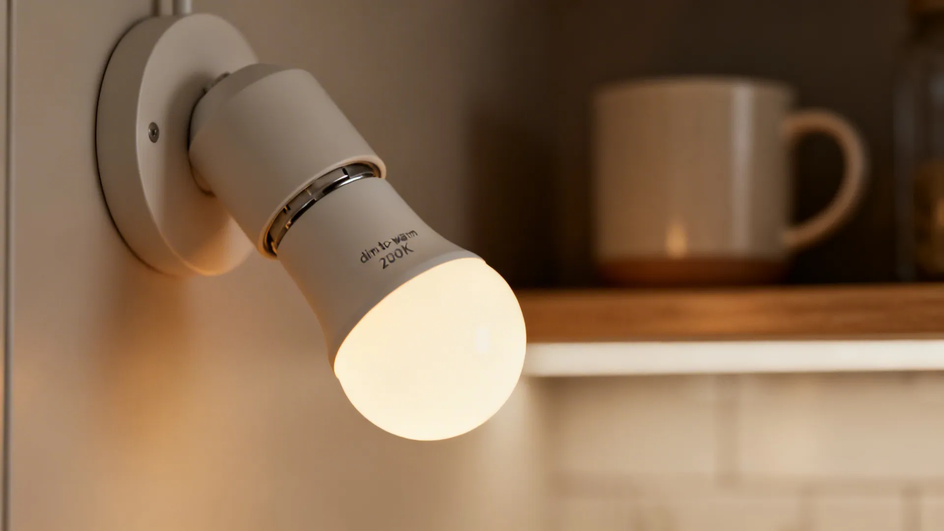 Close-up of a dim-to-warm LED in a minimalist fixture glowing at a cozy amber tone.