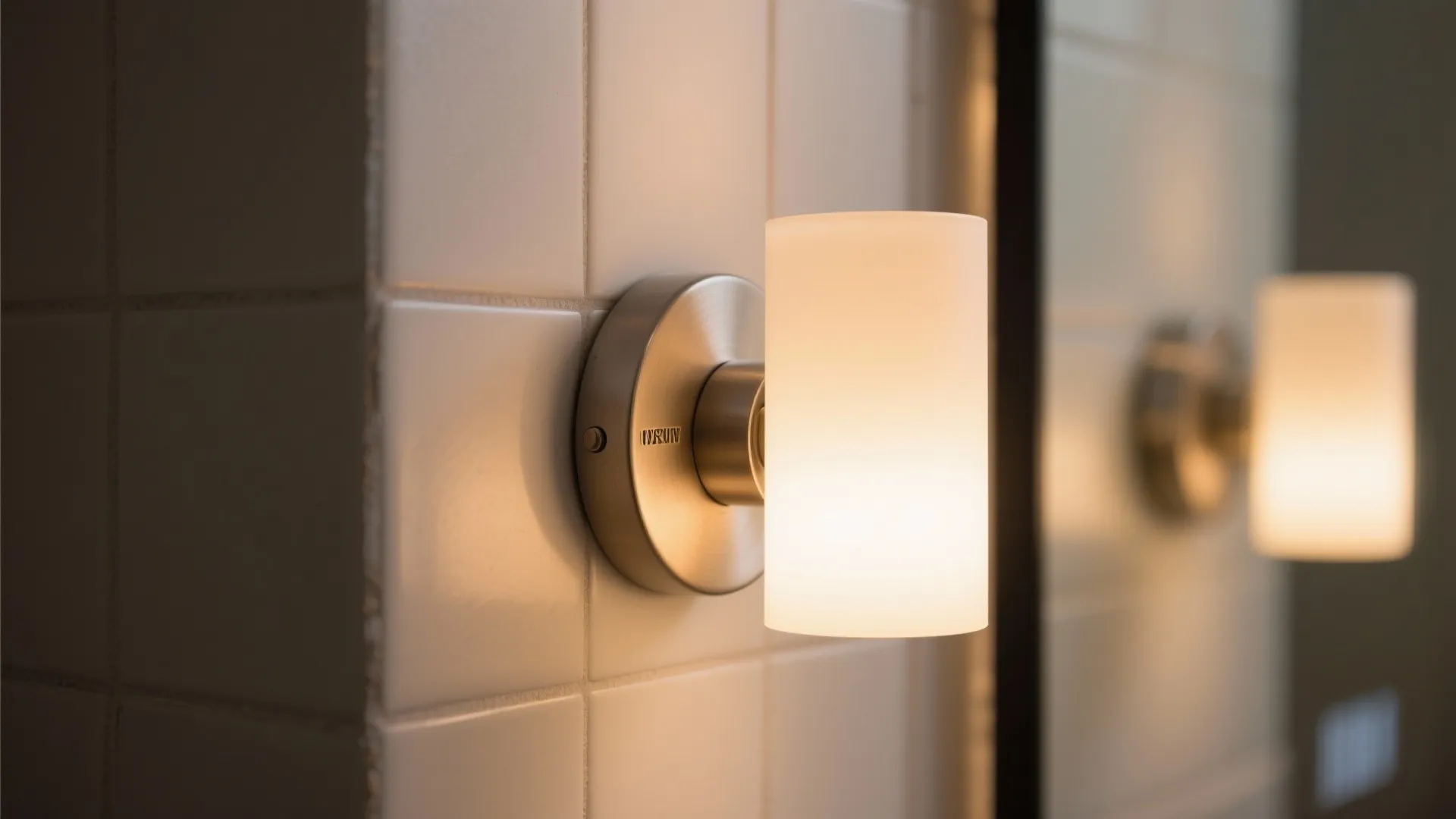 Close-up of dim-to-warm LED vanity sconce beside a mirror with high-CRI warm glow.