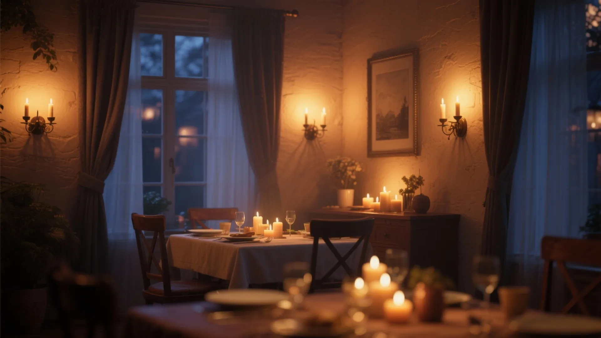 Softly glowing dim-to-warm sconces in a cozy dining room