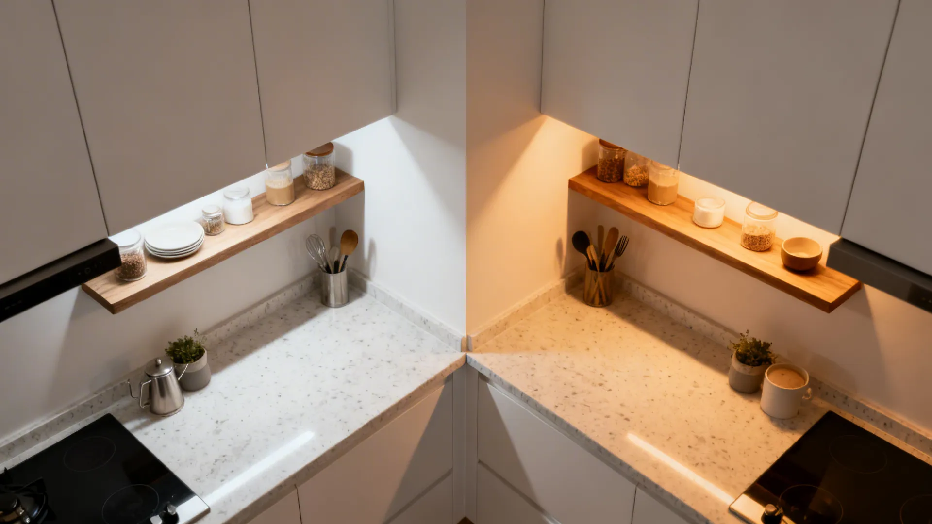 Top-down view showing the same kitchen at 3000K task lighting and 2200K cozy lighting.