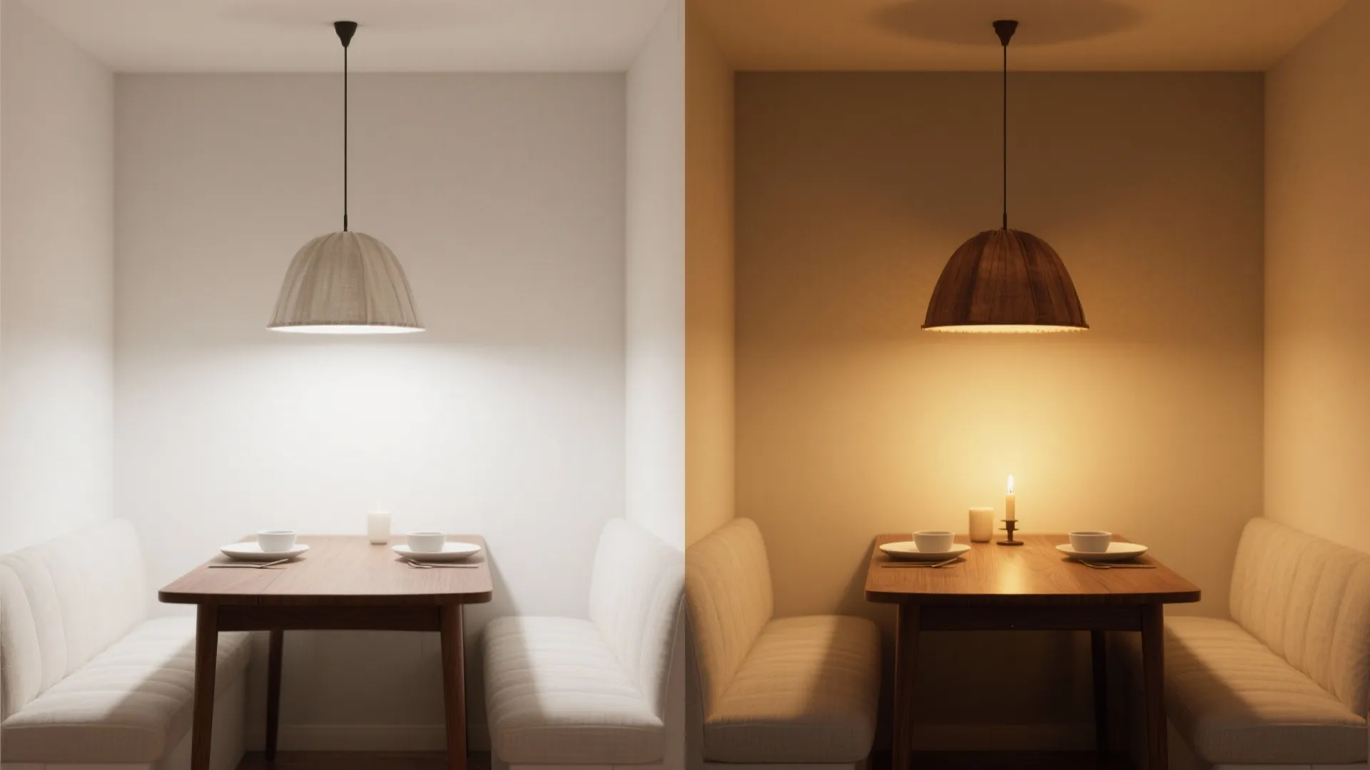 Comparison of a dining room lit by cool white light and warm yellow light effects