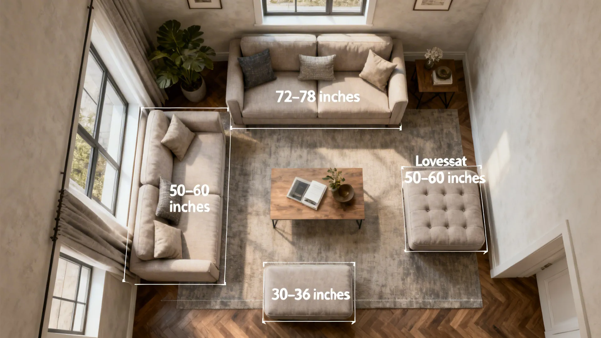 Top-down room layout with recommended furniture dimensions for a small living room
