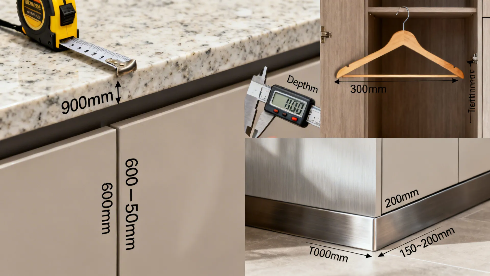 Macro views highlighting 900 mm counter height and 600 mm wardrobe depth cues.