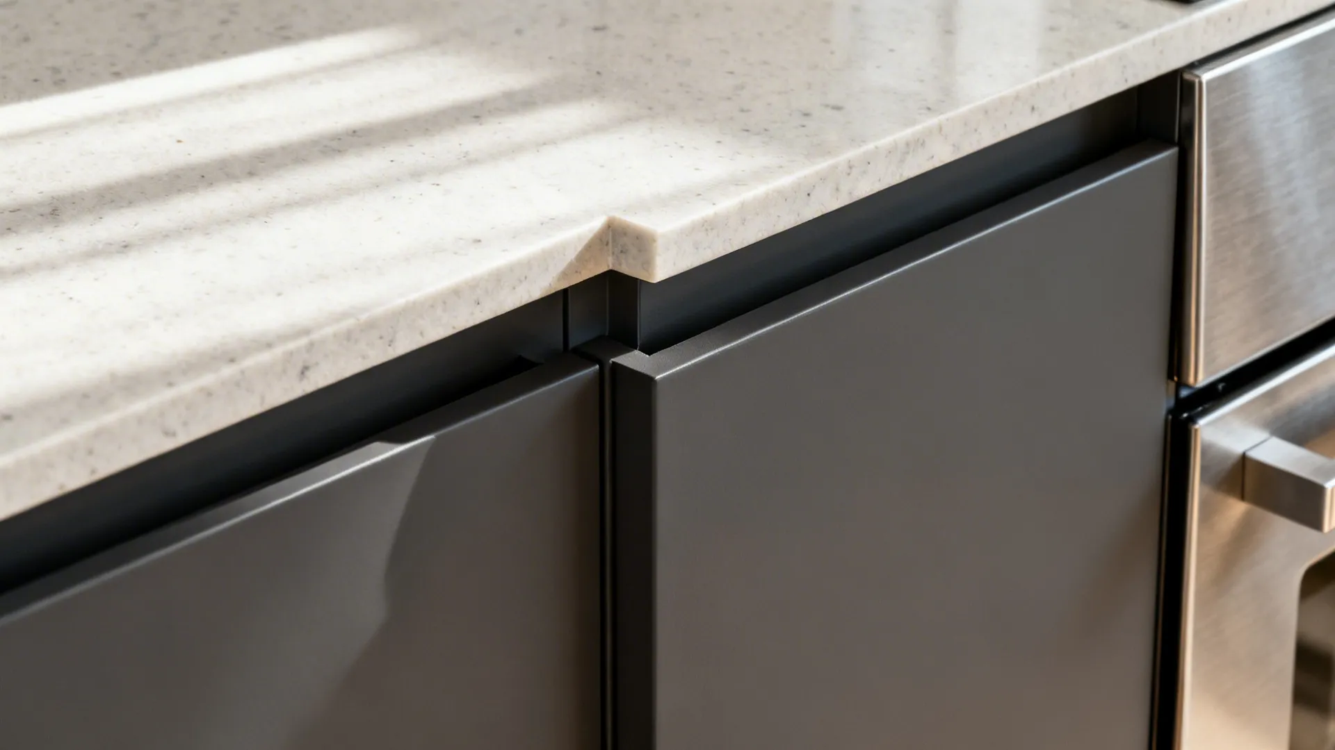 Macro detail of countertop, cabinet depth, and toe-kick showing precise alignments.
