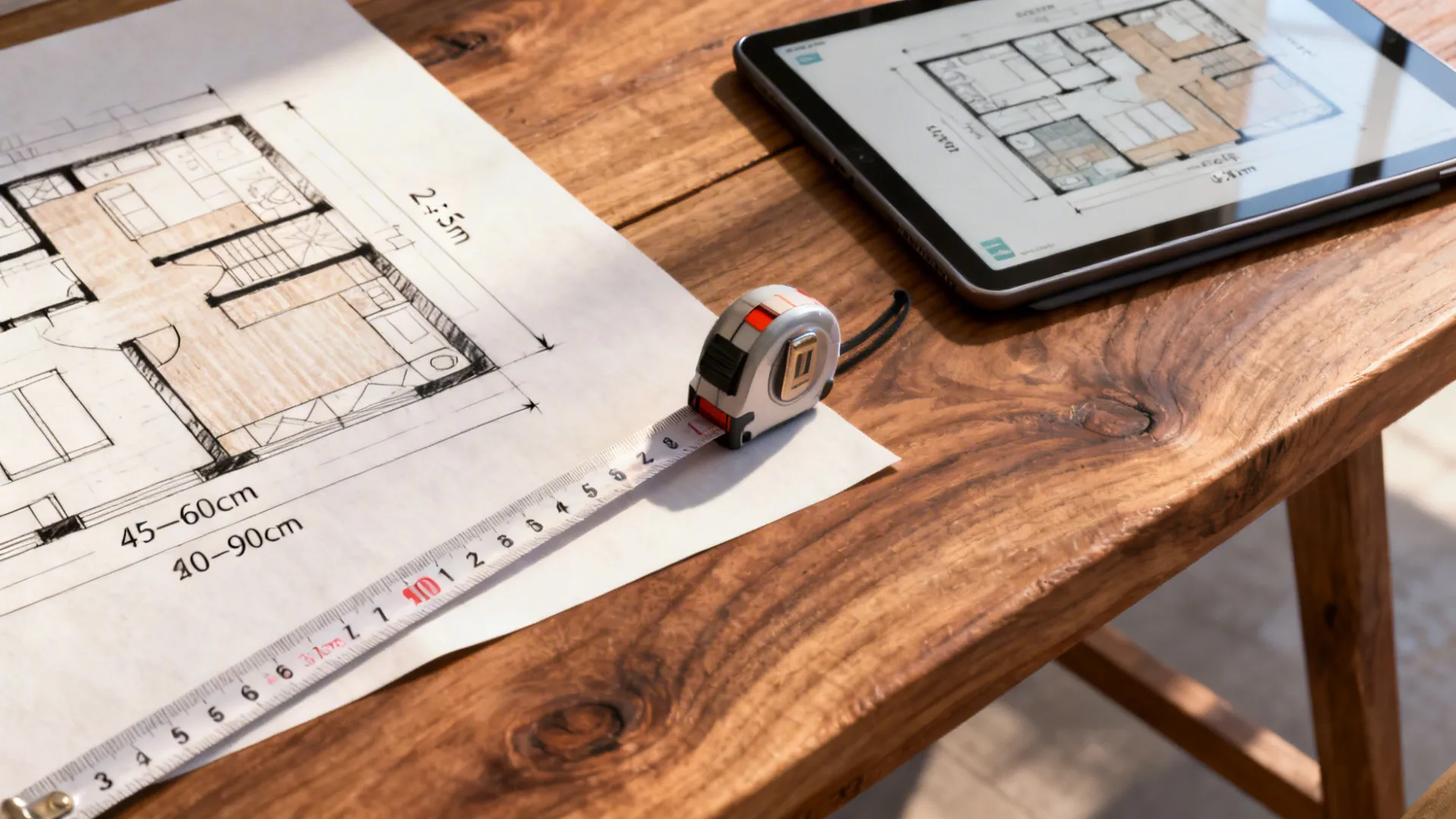 Close-up of floorplan sketch, measuring tape and tablet showing dimension tips for living room layouts.