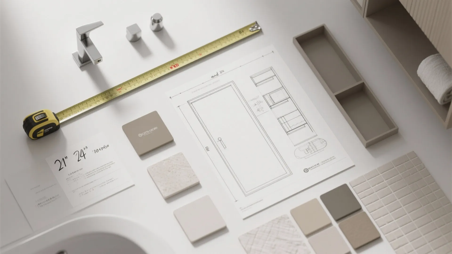 Interior design drawing with measuring tape material samples tiles faucet and floor plan for room planning