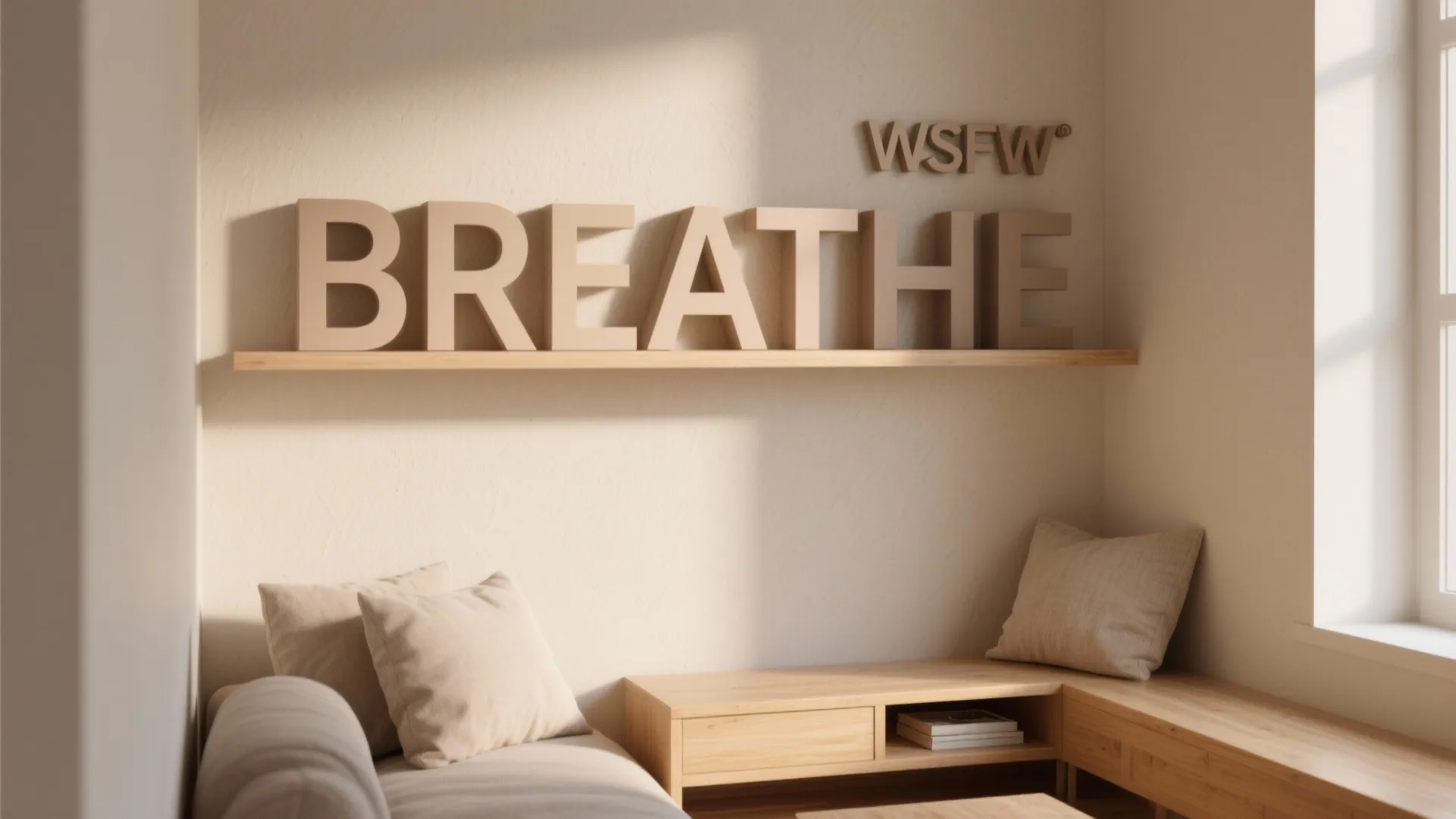 Modern cozy room with wooden letters spelling breathe on wall shelf above a comfortable sofa bench