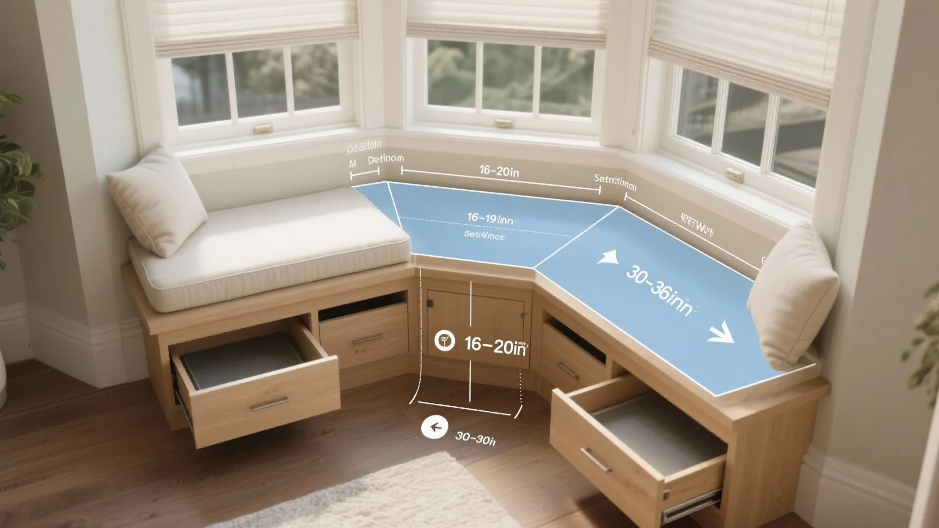 Custom window seat design with storage drawers showing detailed measurements and height dimensions in inches