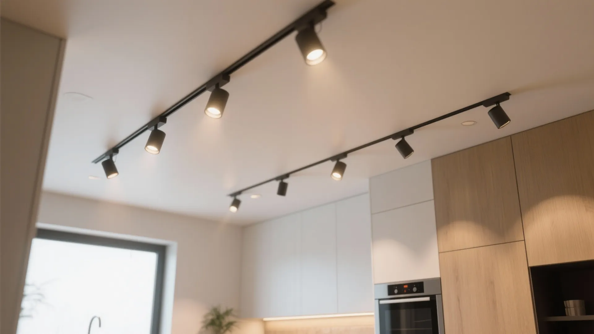 Black track light fixture on white ceiling in a modern kitchen with wood cabinet doors