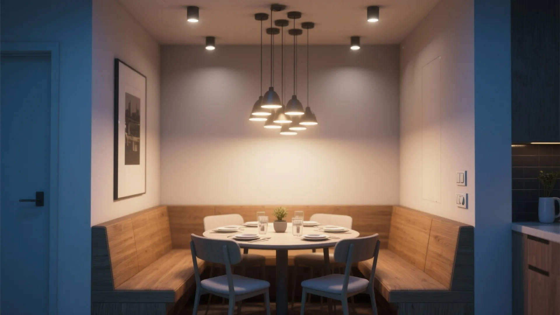 Dining nook with clustered dimmable recessed lights over a small table providing layered ambience.