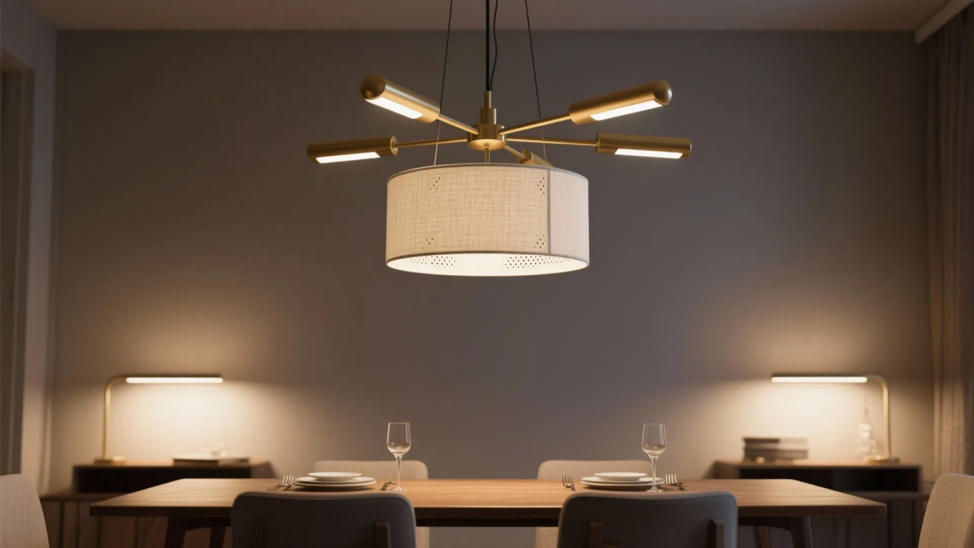 Drum chandelier with internal arms showing bright task and soft ambient dimmed states over a dining table