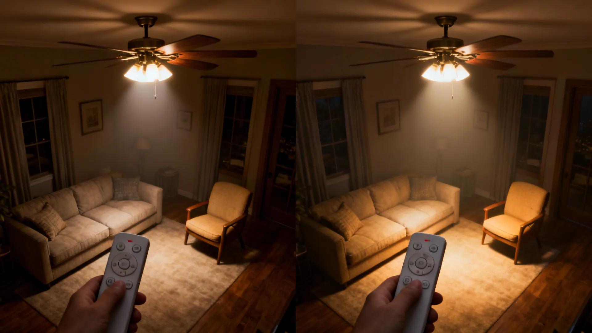 Comparison of light brightness levels in a living room using a remote for ceiling fan
