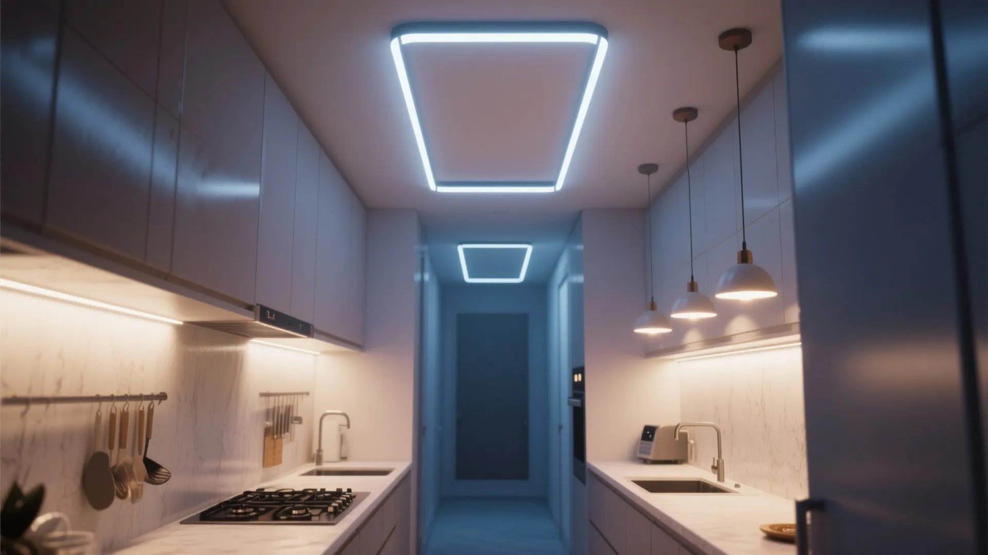 Modern narrow kitchen with square ceiling lights warm under cabinet lighting and white pendant light fixtures